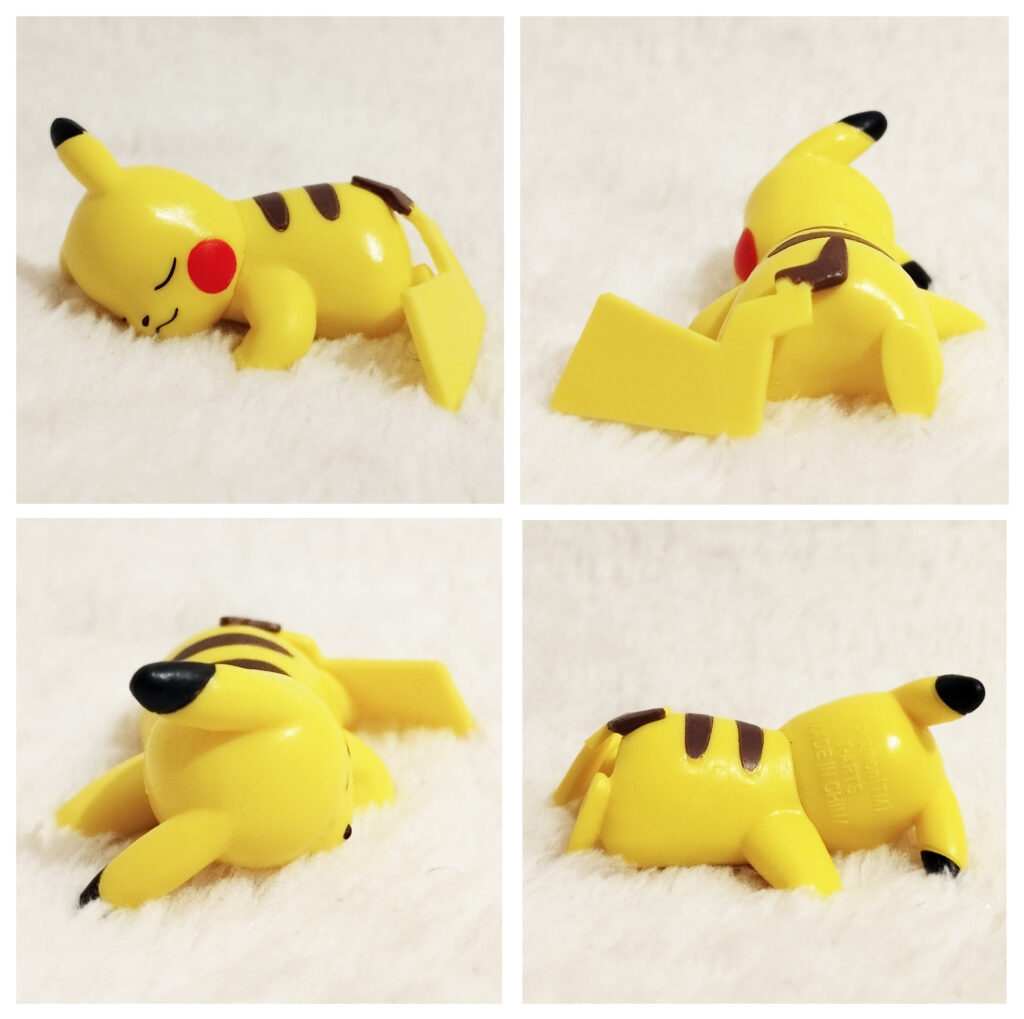 A front, left, right and back view of the Pokémon Tomy figure Pikachu "Good Night Friends - Everyone Sleep Soundly"